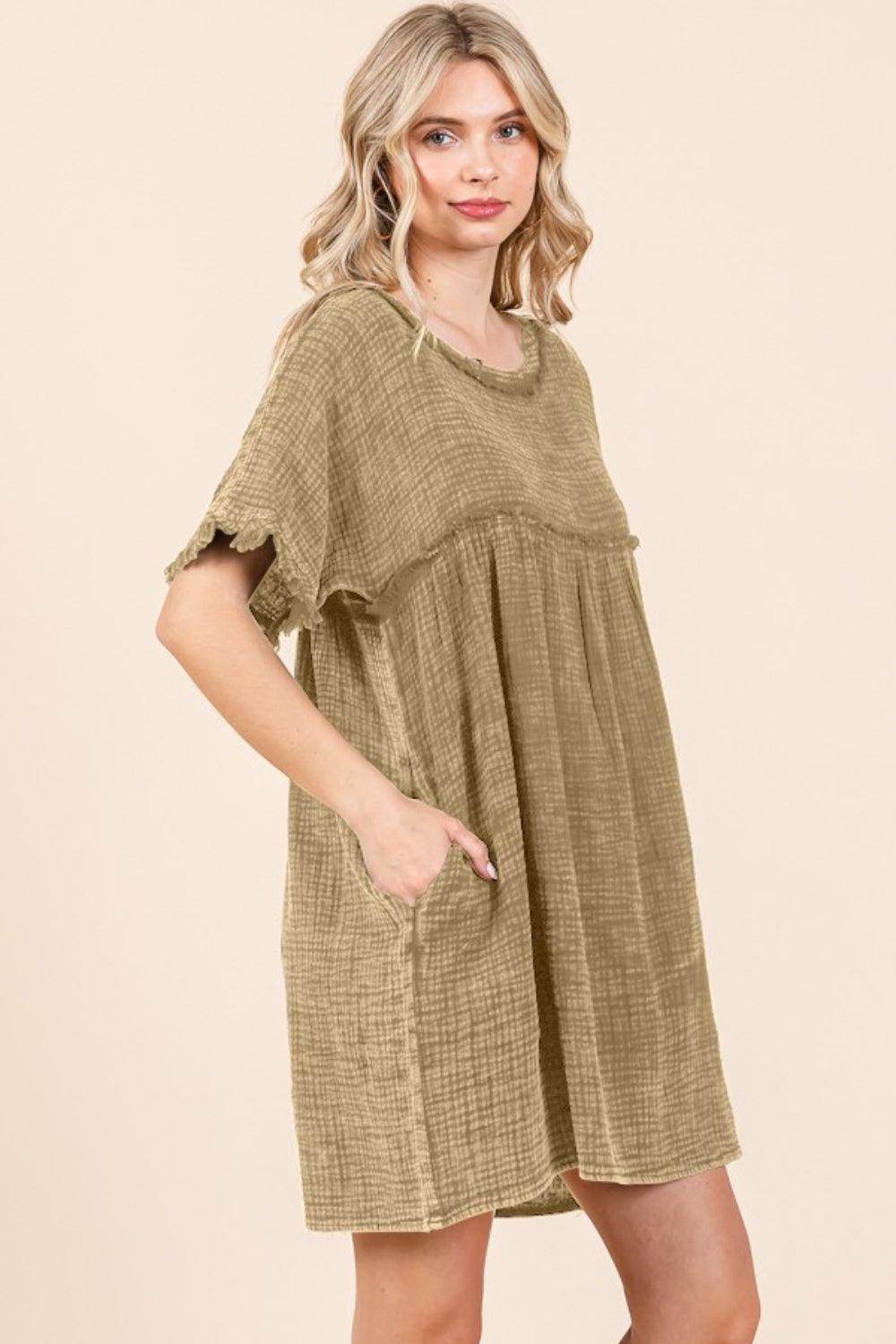 Culture Code Full Size Short Sleeve Babydoll Dress With Pockets