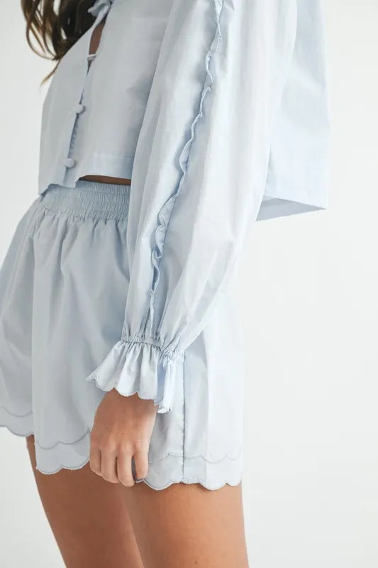 MABLE Long Sleeve Scallop Blouse and Shorts Set