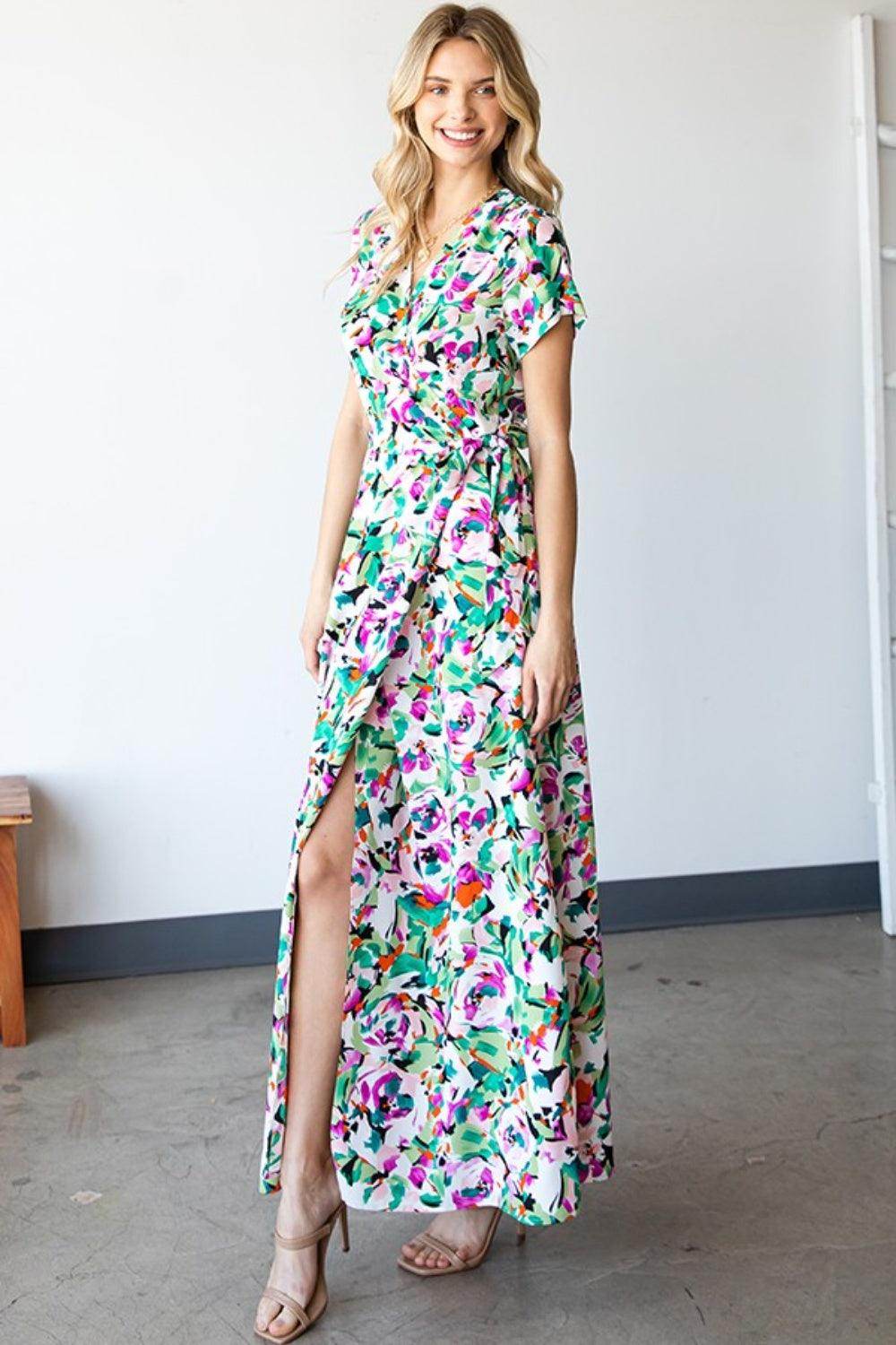 First Love Slit Printed Surplice Tie Waist Dress for Women