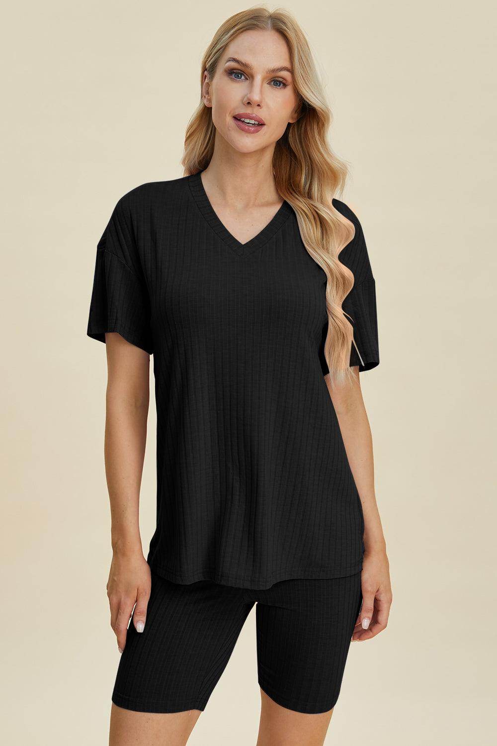 Basic Bae Full Size Ribbed V-Neck Top and Shorts Set For Women