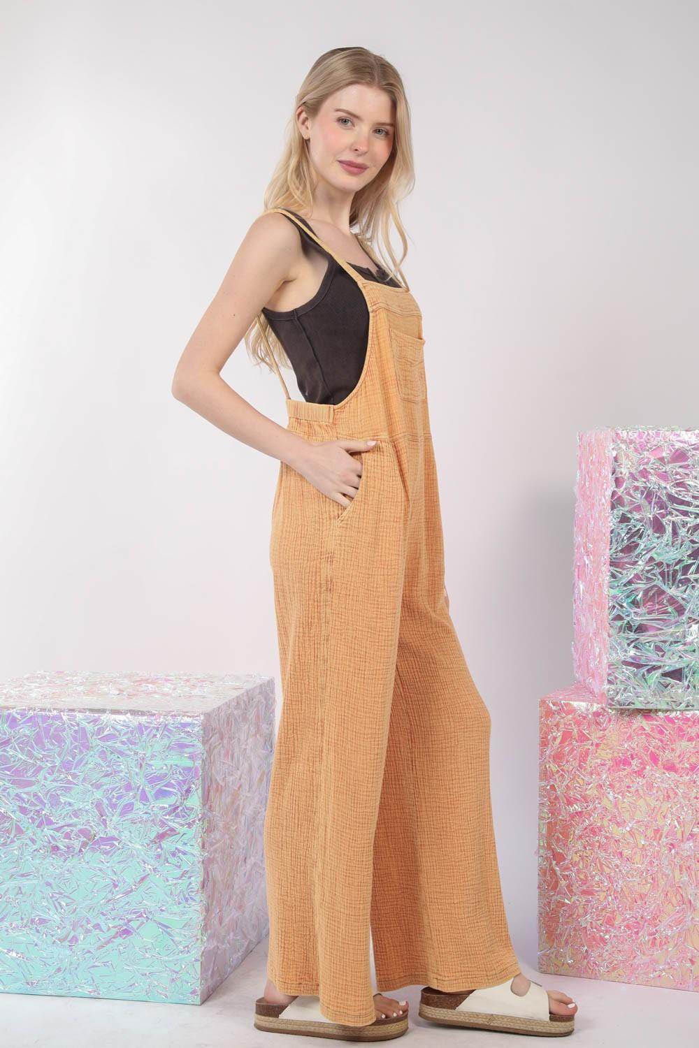Very J Texture Washed Wide Leg Overalls for Effortless Style