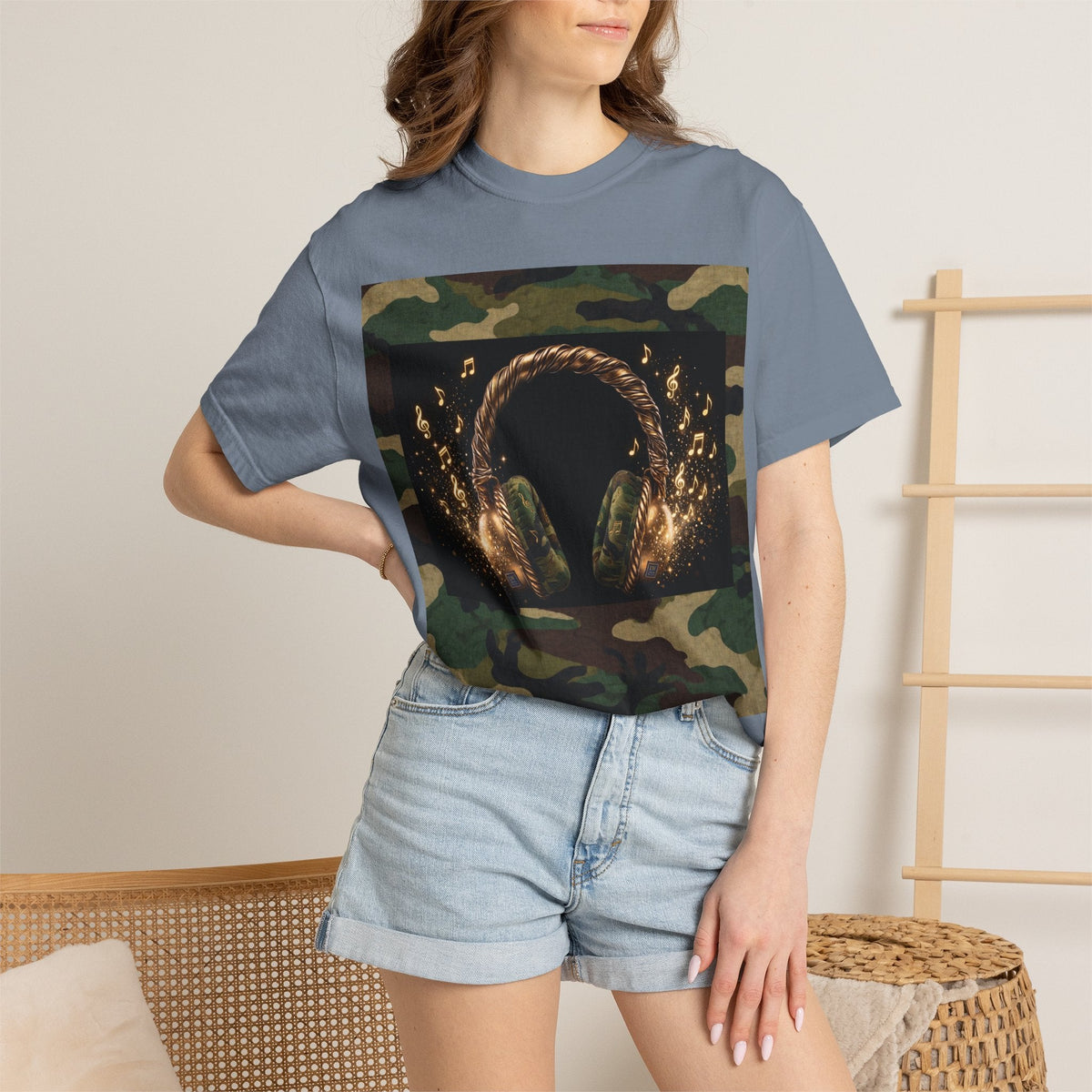 Camo Headphones Tee — Gold Spark DJ Music Graphic T-Shirt
