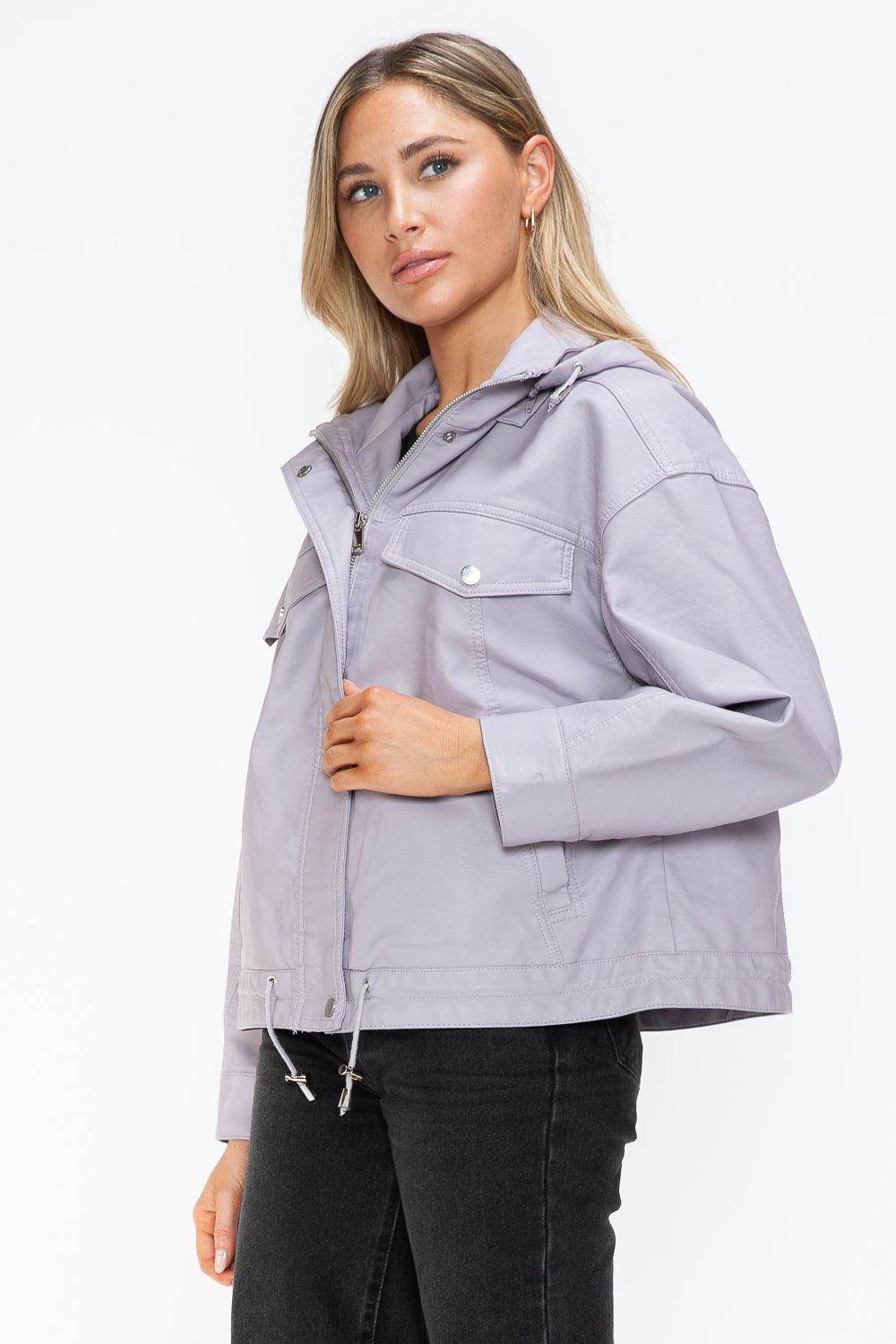 How Dare U Drawstring Hem PU Leather Zip Up Jacket Women