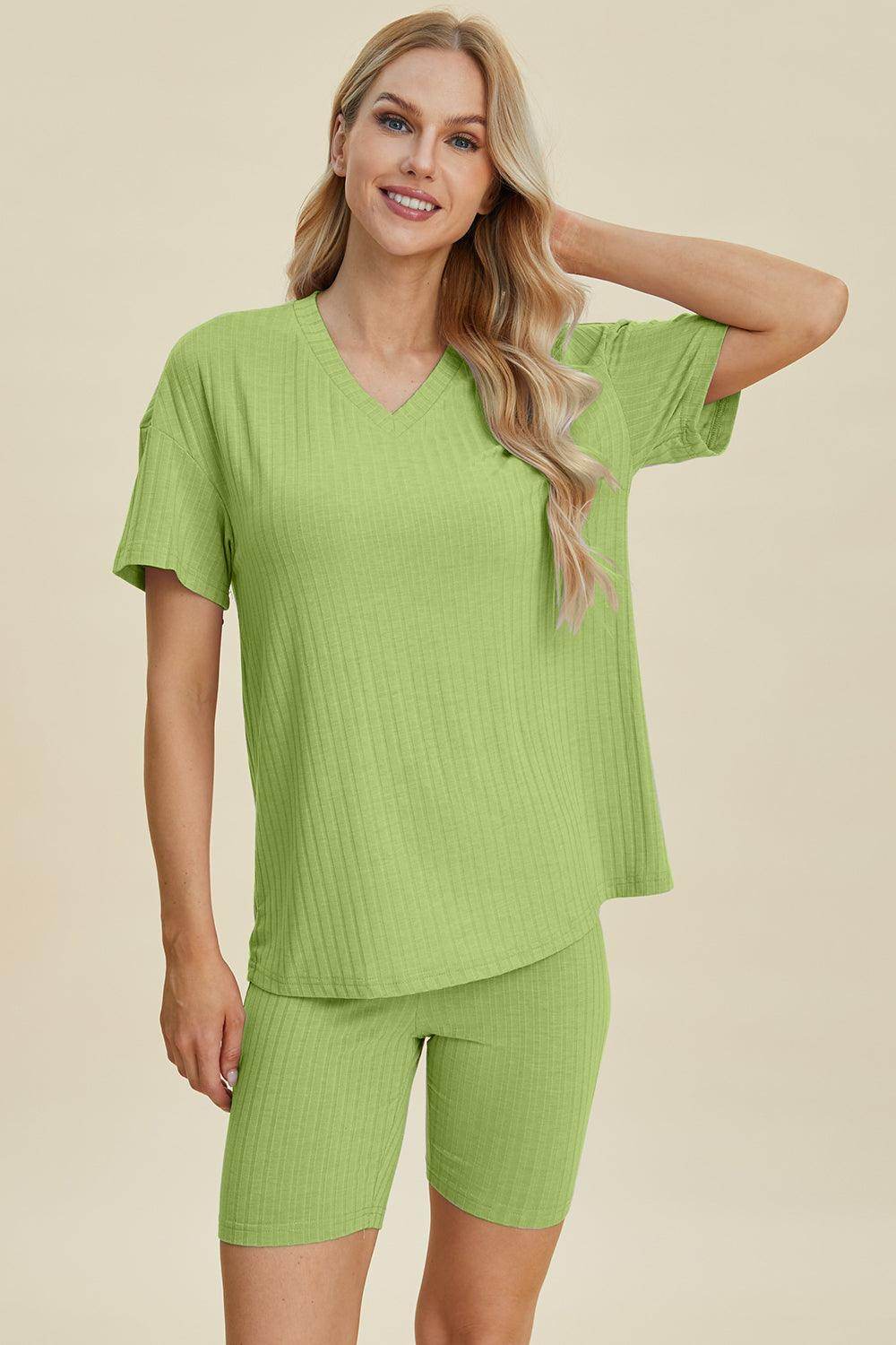 Basic Bae Full Size Ribbed V-Neck Top and Shorts Set For Women
