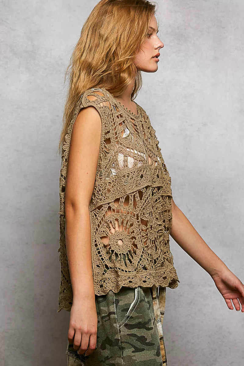 POL Openwork Round Neck Floral Crochet Tank
