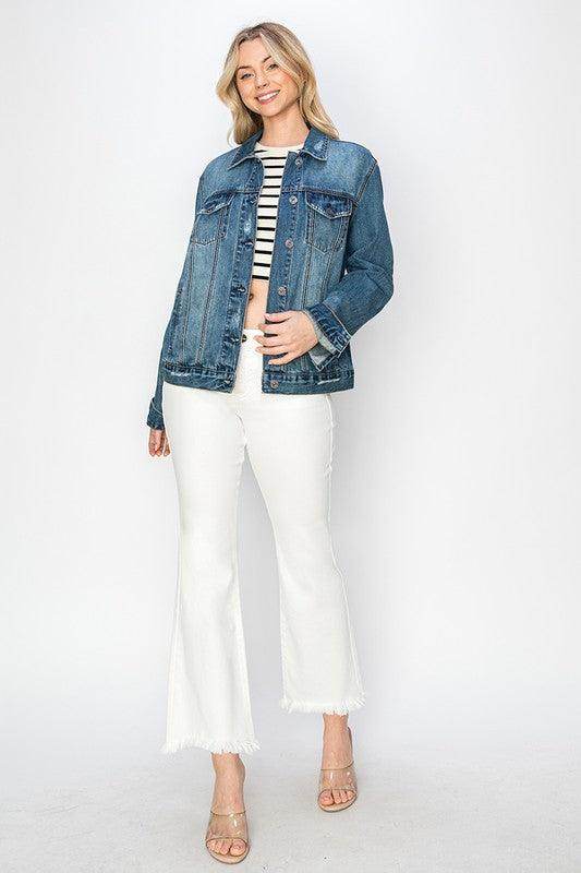 RISEN Full Size Distressed Button Up Jacket for Women