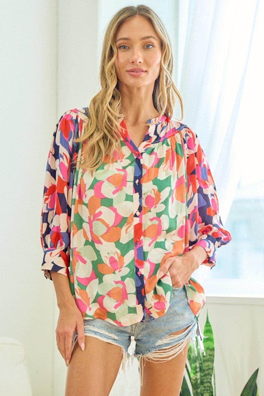 First Love Full Size Floral Button Down Satin Shirt for Women