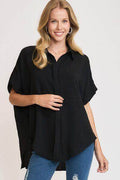 Umgee Full Size High-Low Button Up Short Sleeve Shirt Fashion