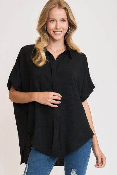 Umgee Full Size High-Low Button Up Short Sleeve Shirt Fashion