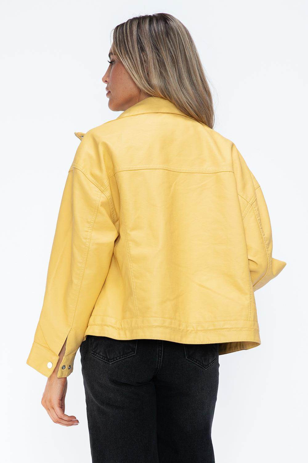 How Dare U Drawstring Hem PU Leather Zip Up Jacket for Women