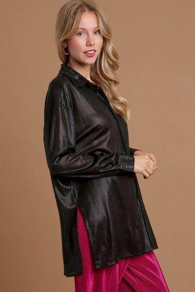 Umgee Side Slit Button Up Long Sleeve Shirt for Women