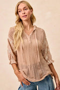 BiBi Jacquard Flower Puff Sleeve Hooded Knit Top
