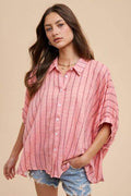 Annie Wear Striped Button Up Half Sleeve Shirt for Women