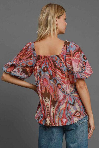 Umgee Full Size Abstract Print Smocked Square Neck Blouse