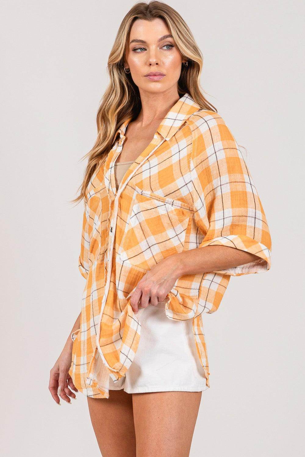 SAGE + FIG Plaid Button Up Side Slit Shirt for Women