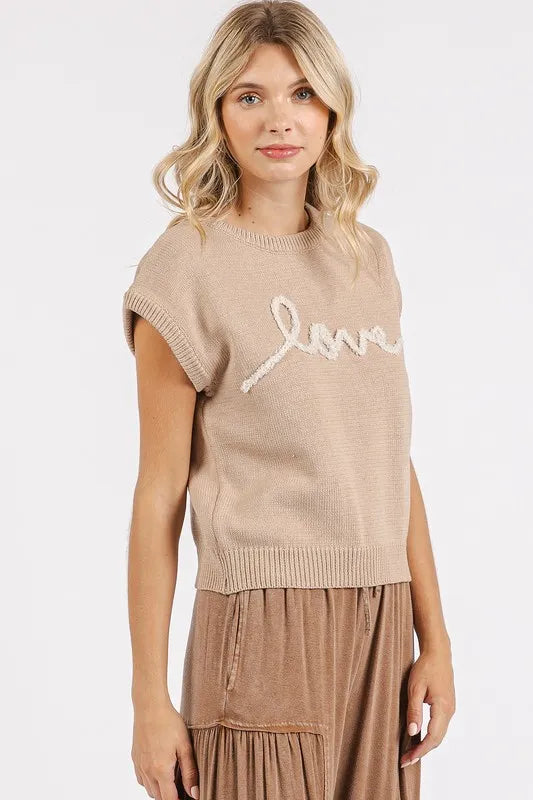 Mittoshop Contrast Letter Round Neck Cap Sleeve Knit Top