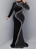 Rhinestone Embellished Velvet Mermaid Evening Maxi Dress