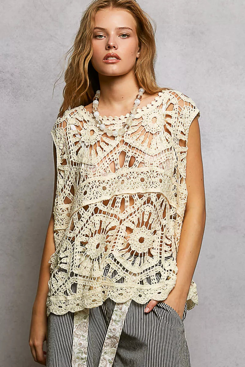 POL Openwork Round Neck Floral Crochet Tank