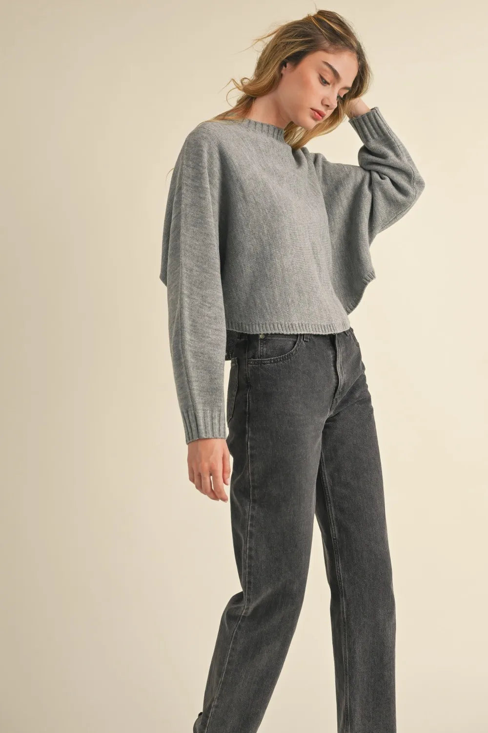 Mable Round Neck Dolman Sleeve Cropped Sweater