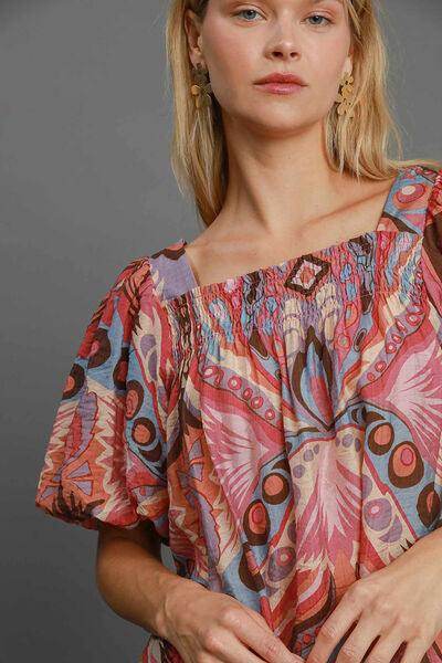 Umgee Full Size Abstract Print Smocked Square Neck Blouse