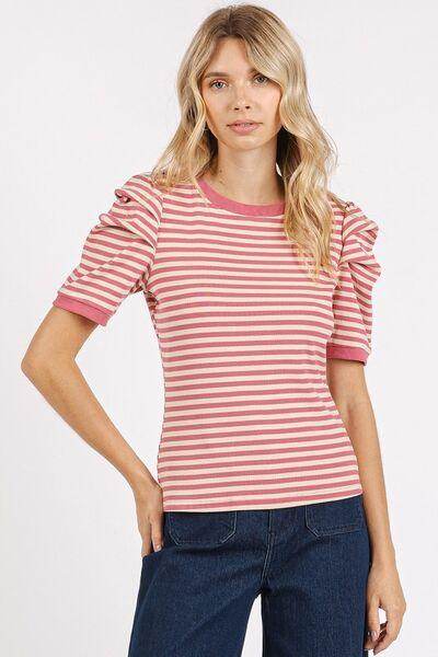 Mittoshop Striped Round Neck Puff Sleeve T-Shirt for Women