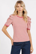 Mittoshop Striped Round Neck Puff Sleeve T-Shirt for Women