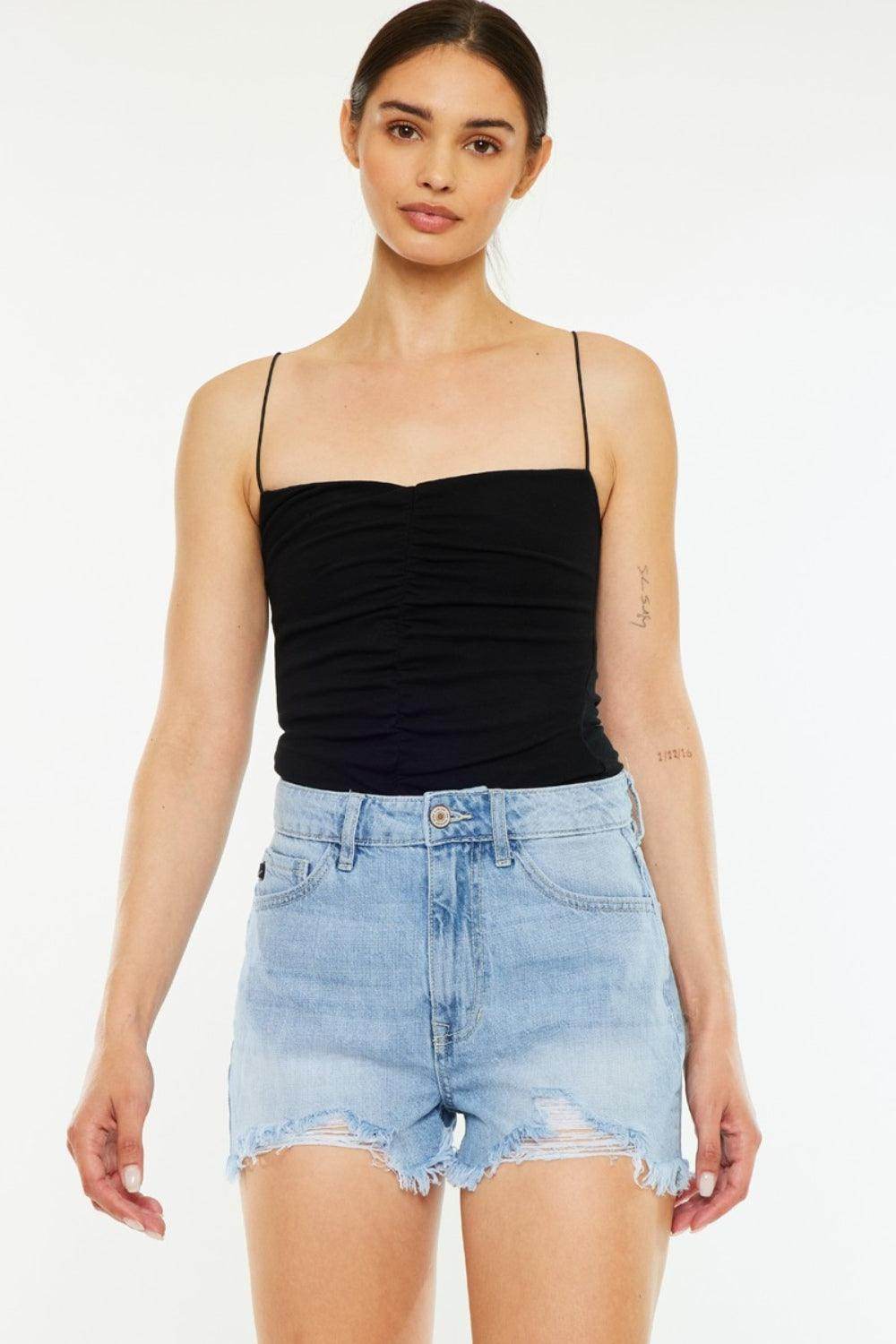 Kancan Raw Hem Distressed High Waist Denim Shorts Women