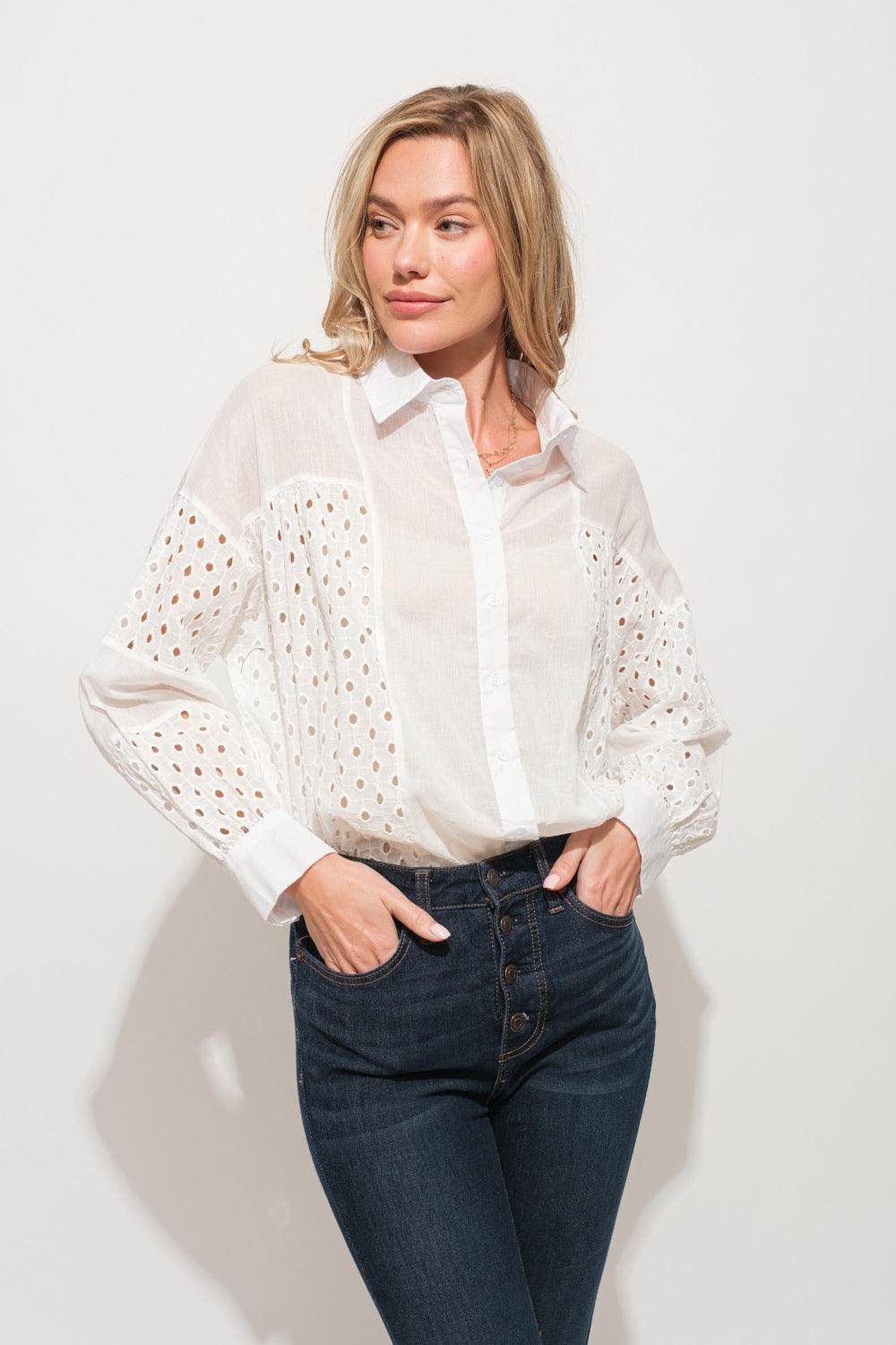 And The Why Eyelet Long Sleeve Button Down Shirt Chic