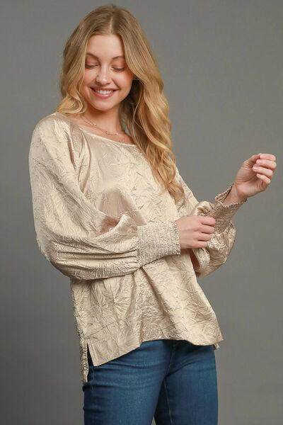 Umgee Wrinkled Round Neck Lantern Sleeve Blouse for Women
