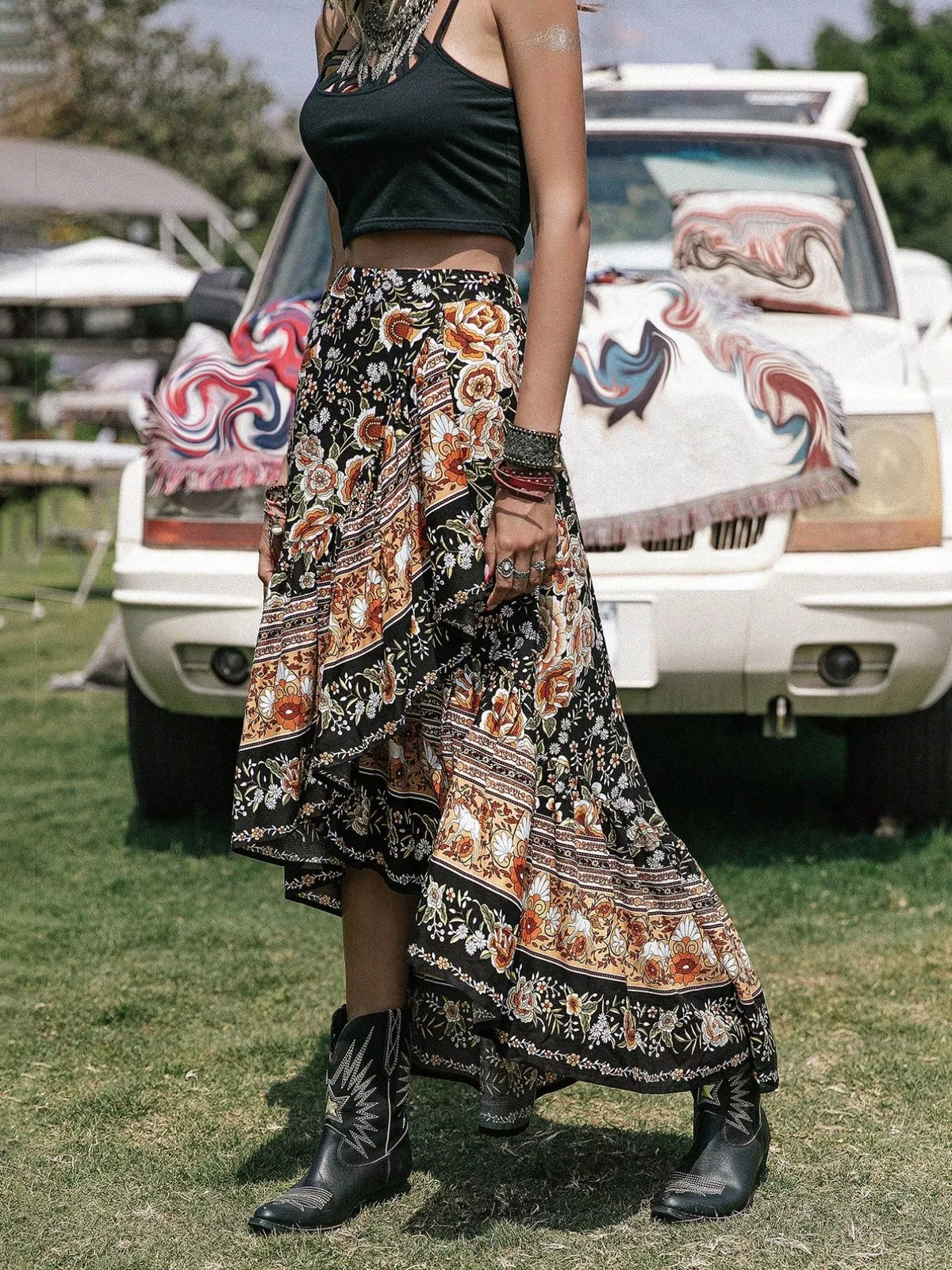 Boho Floral Print High-Low Skirt