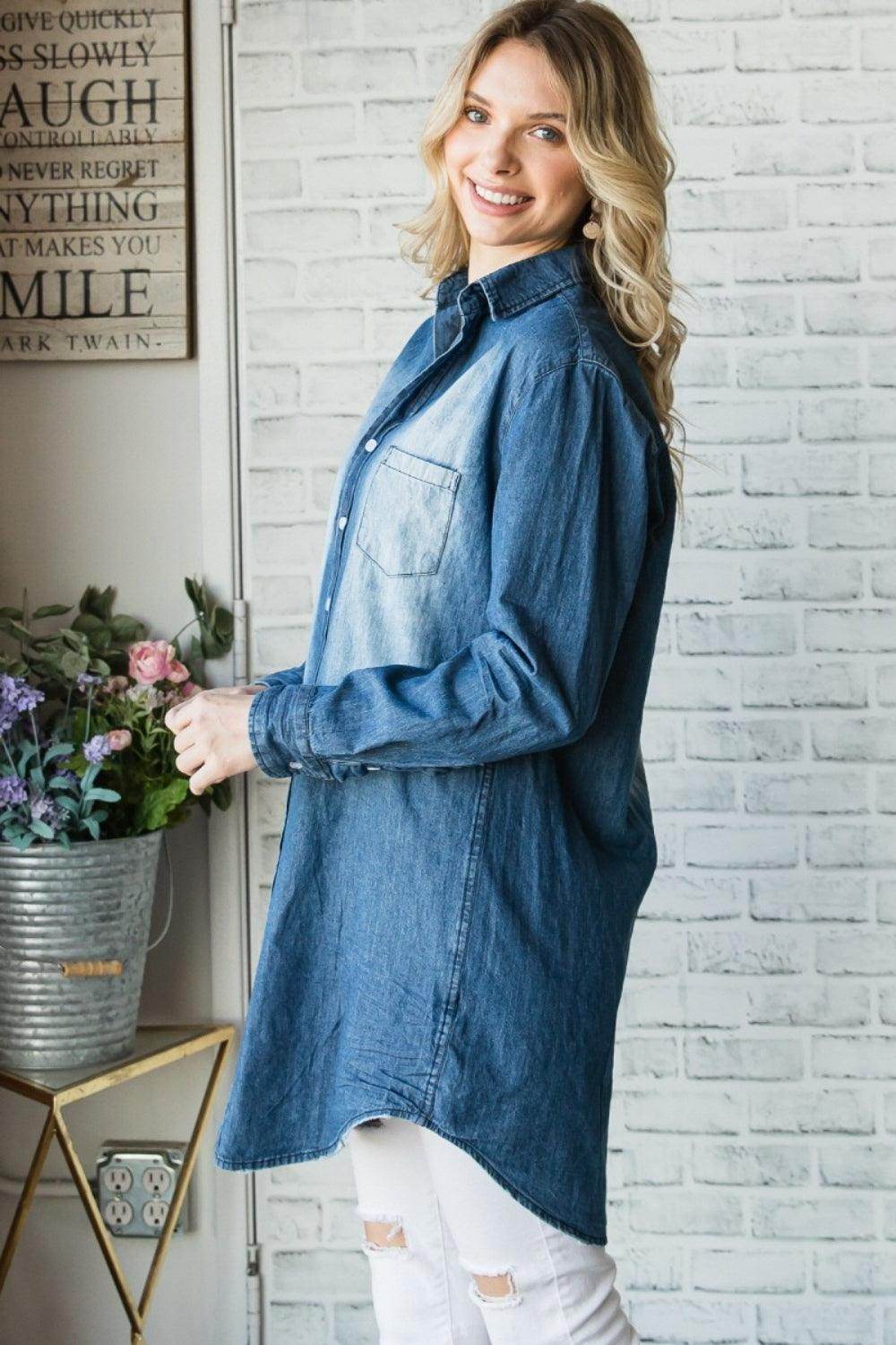 Veveret Pocketed Button Up Washed Denim Shirt for Women