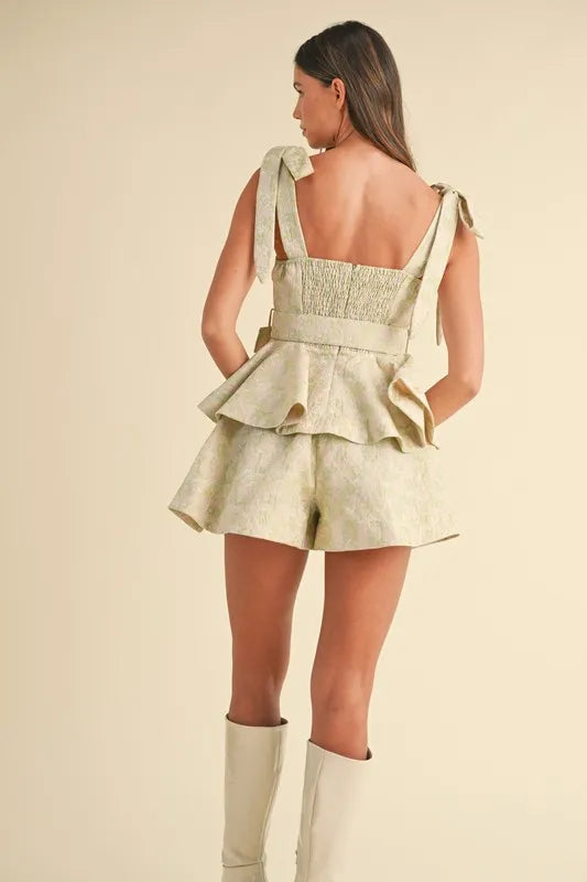 MABLE Jacquard Floral Peplum Top and Flare Shorts Set