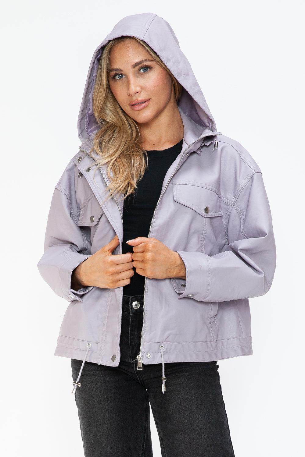 How Dare U Drawstring Hem PU Leather Zip Up Jacket Women