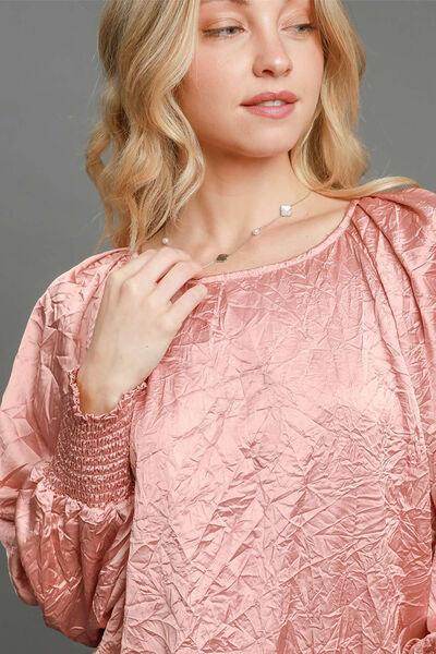 Umgee Wrinkled Round Neck Lantern Sleeve Blouse for Women
