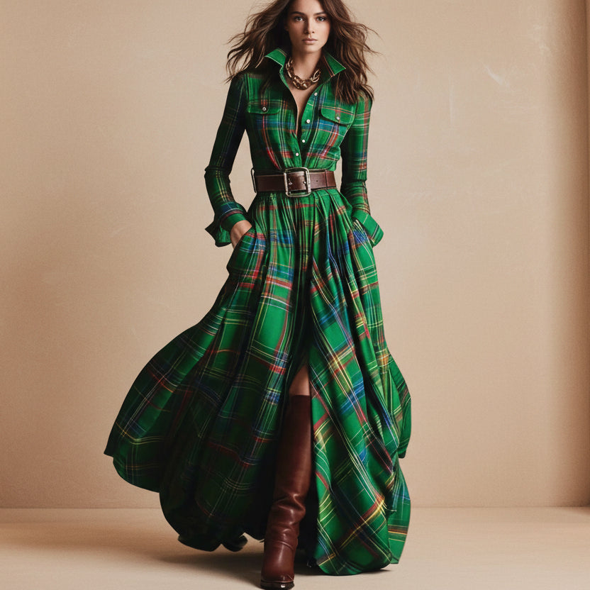 Women's Plus Size Plaid Print Long Sleeve Shirt Dress with Pockets