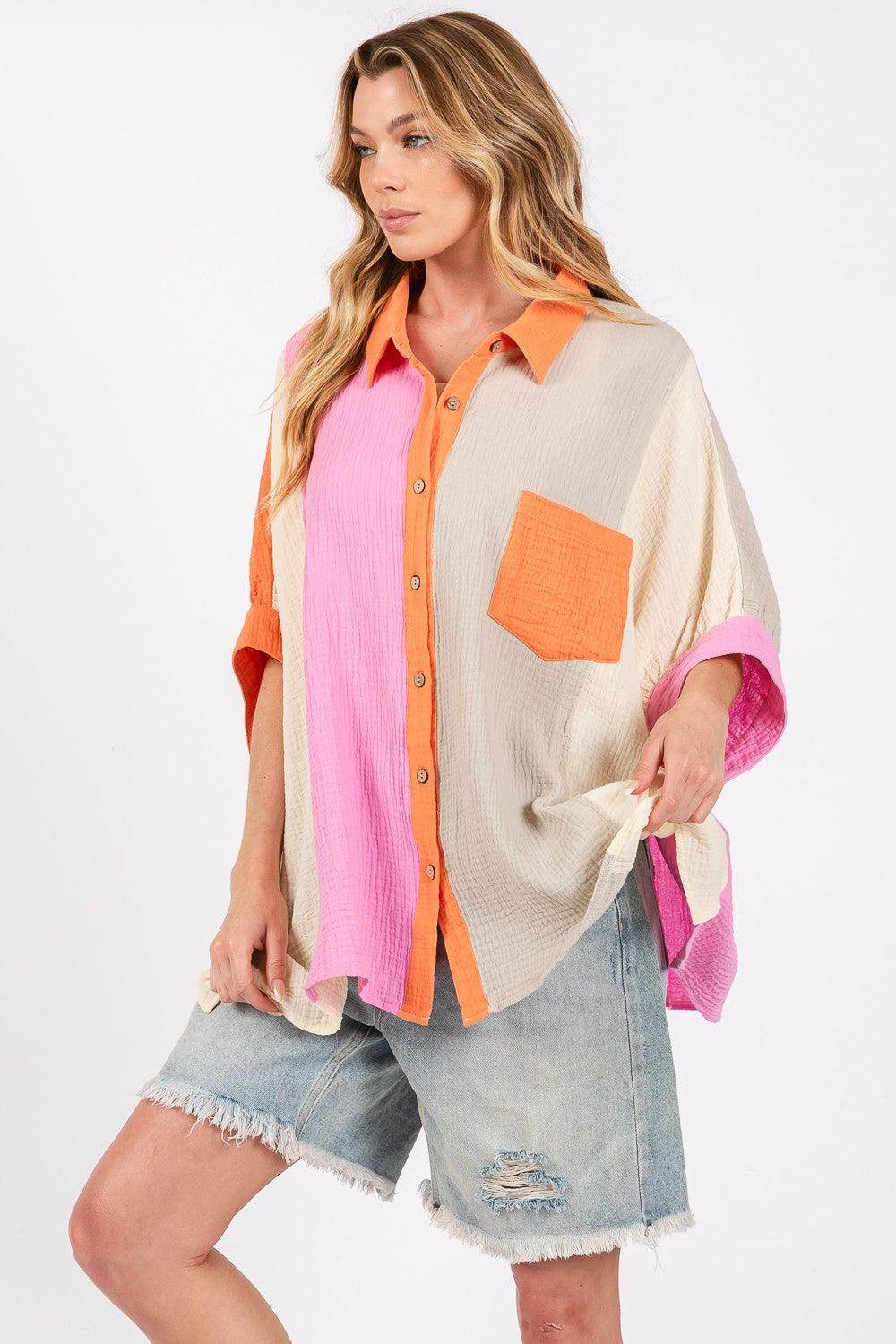 SAGE + FIG Full Size Color Block Button-Down Shirt for Women
