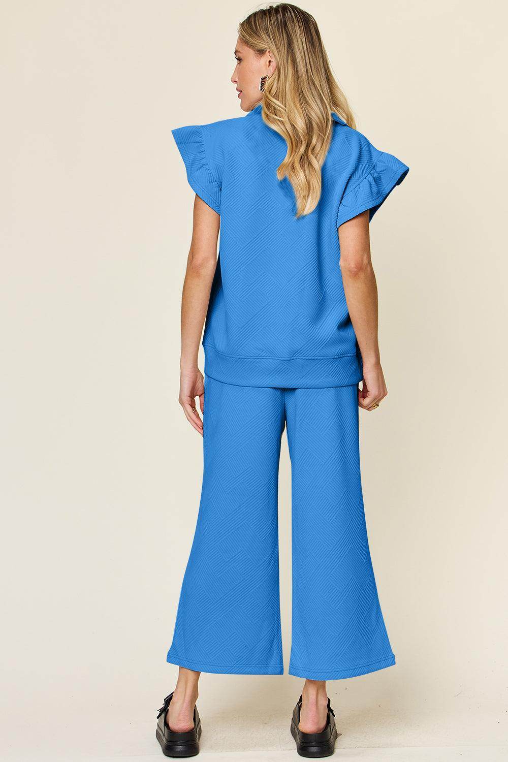 Double Take Texture Ruffle Short Sleeve Top and Pants Set