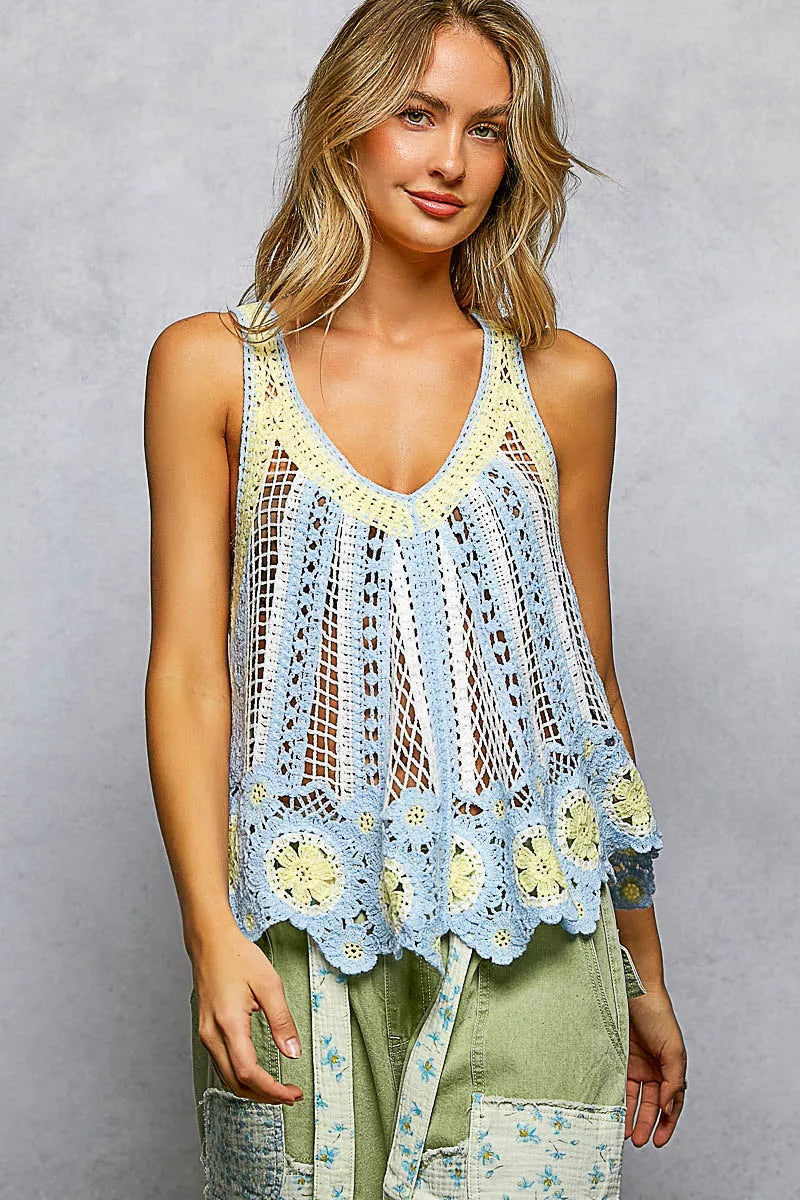 POL Openwork Stripe Pattern Flowy Tank with Scalloped Edge