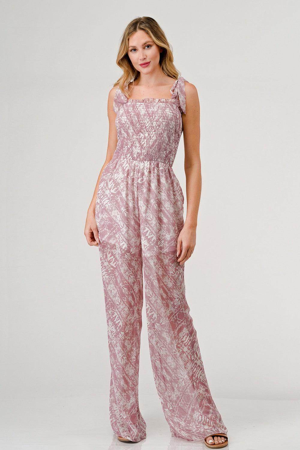 GeeGee Printed Tie Shoulder Wide Leg Jumpsuit for Women