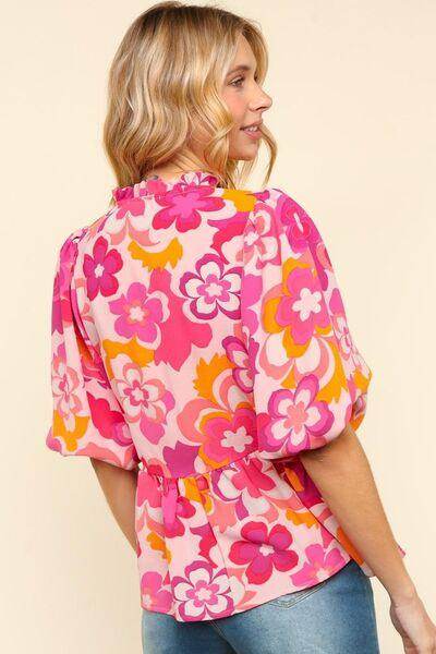 Haptics Full Size Frill Floral Puff Sleeve Blouse Chic