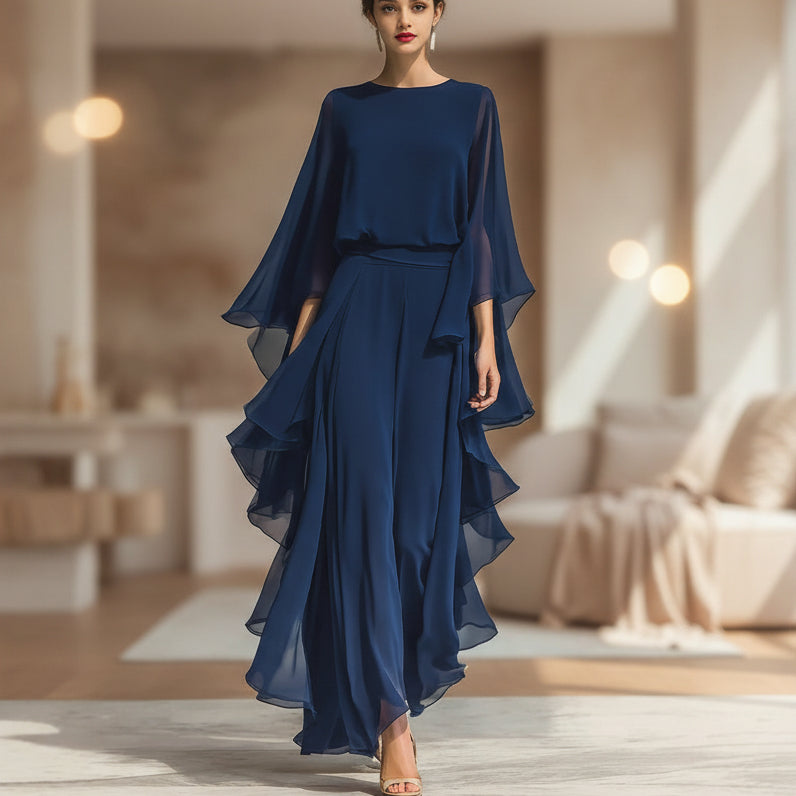 Deep Blue Ruffle Wide-Leg Pants Set – Elegant Two-Piece Batwing Sleeve Outfit for Women