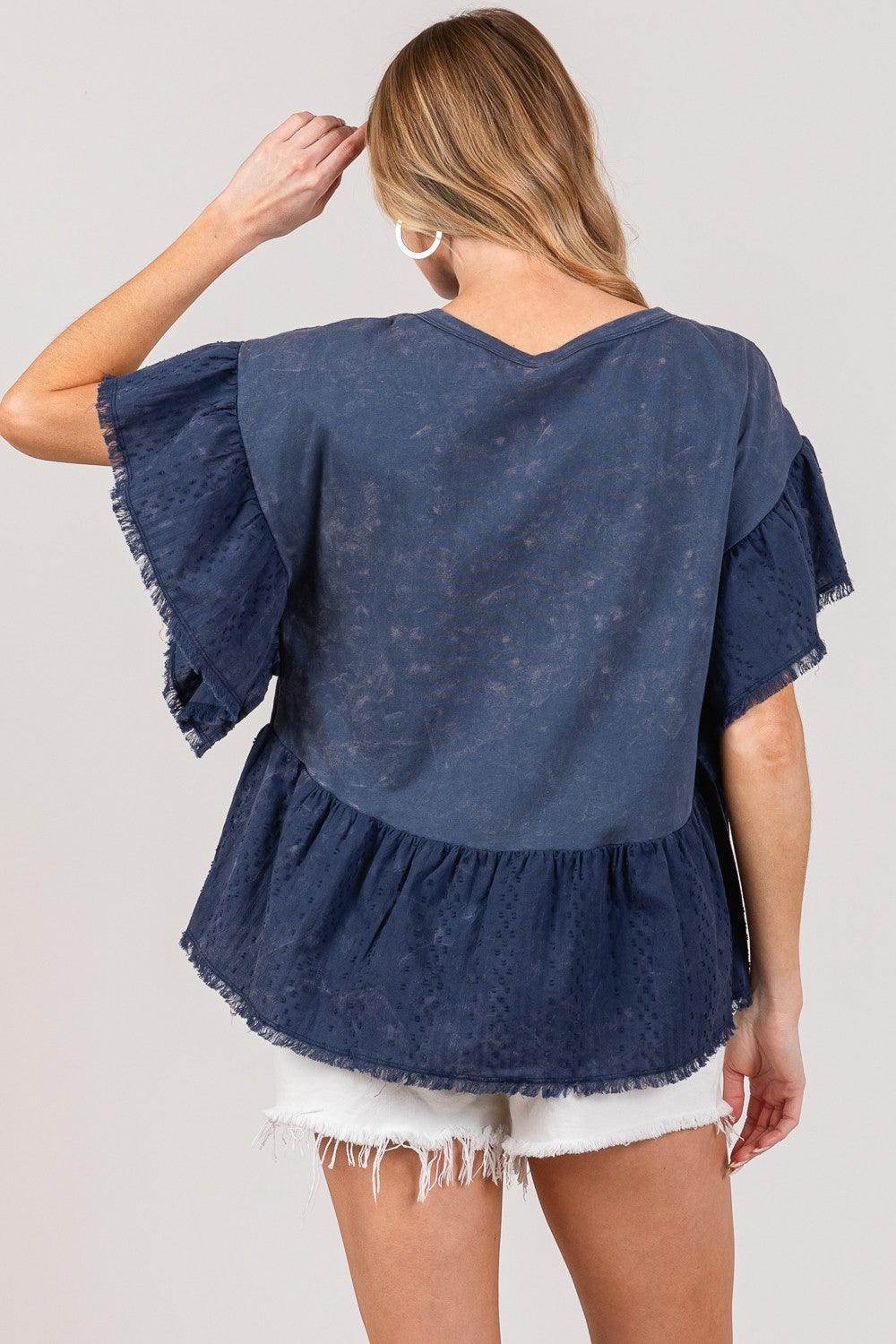 SAGE + FIG Ruffle Sleeve Washed Short Sleeve Blouse for Women