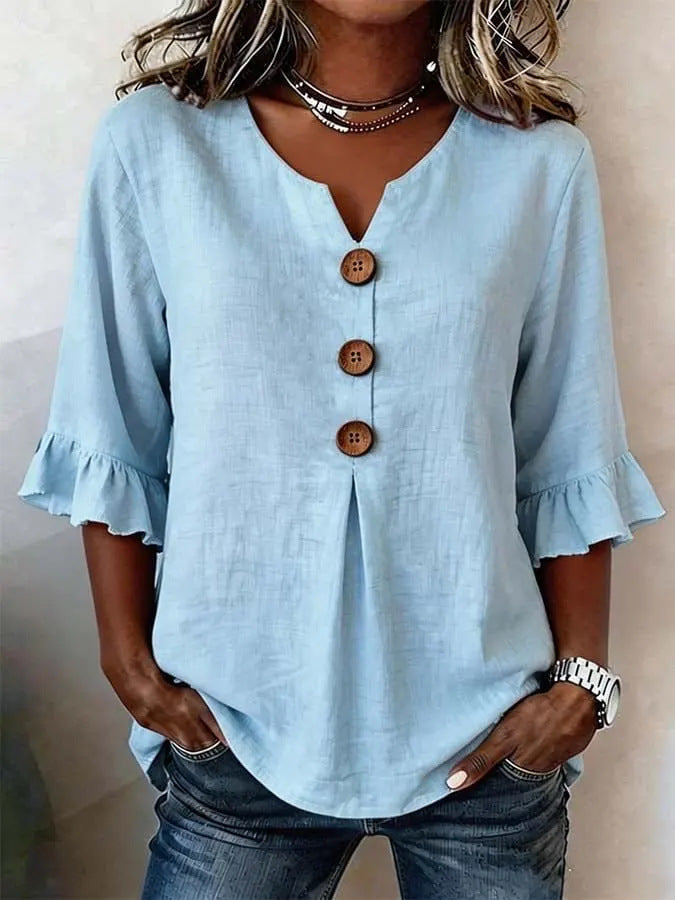 Women's V-Neck Button-Up Blouse — Summer Casual Top