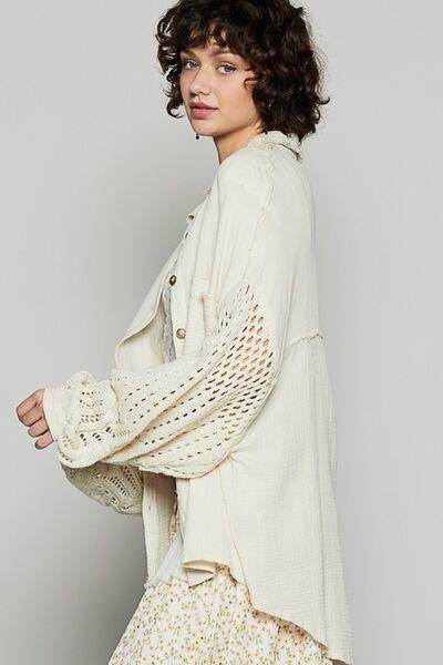 POL Openwork Lantern Sleeve Button Down Gauze Shirt Women