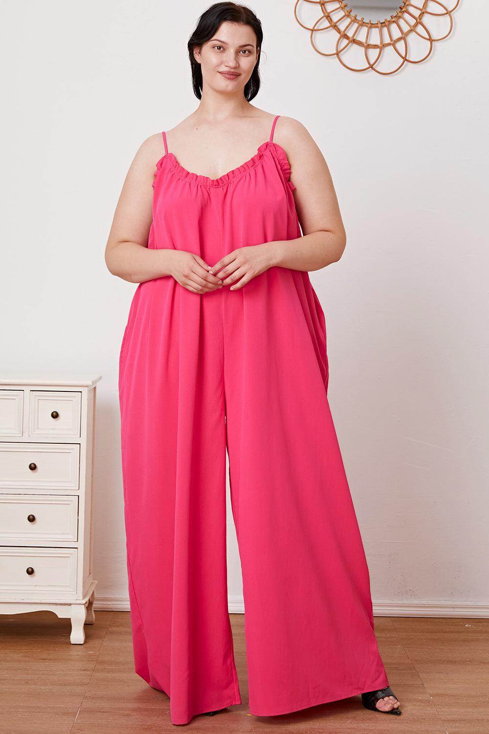 Double Take Full Size Ruffle Trim Tie Back Cami Jumpsuit
