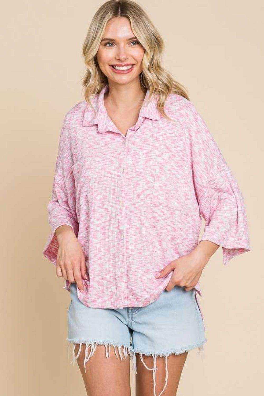 Culture Code Button Up Drop Shoulder Slit Shirt for Women