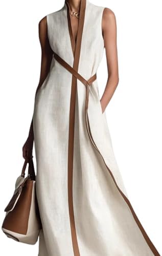 Women's Stand Up Collar Sleeveless Casual Loose Cotton and Linen Color Block Dress Casual Loose Beach Vacation Summer Dress