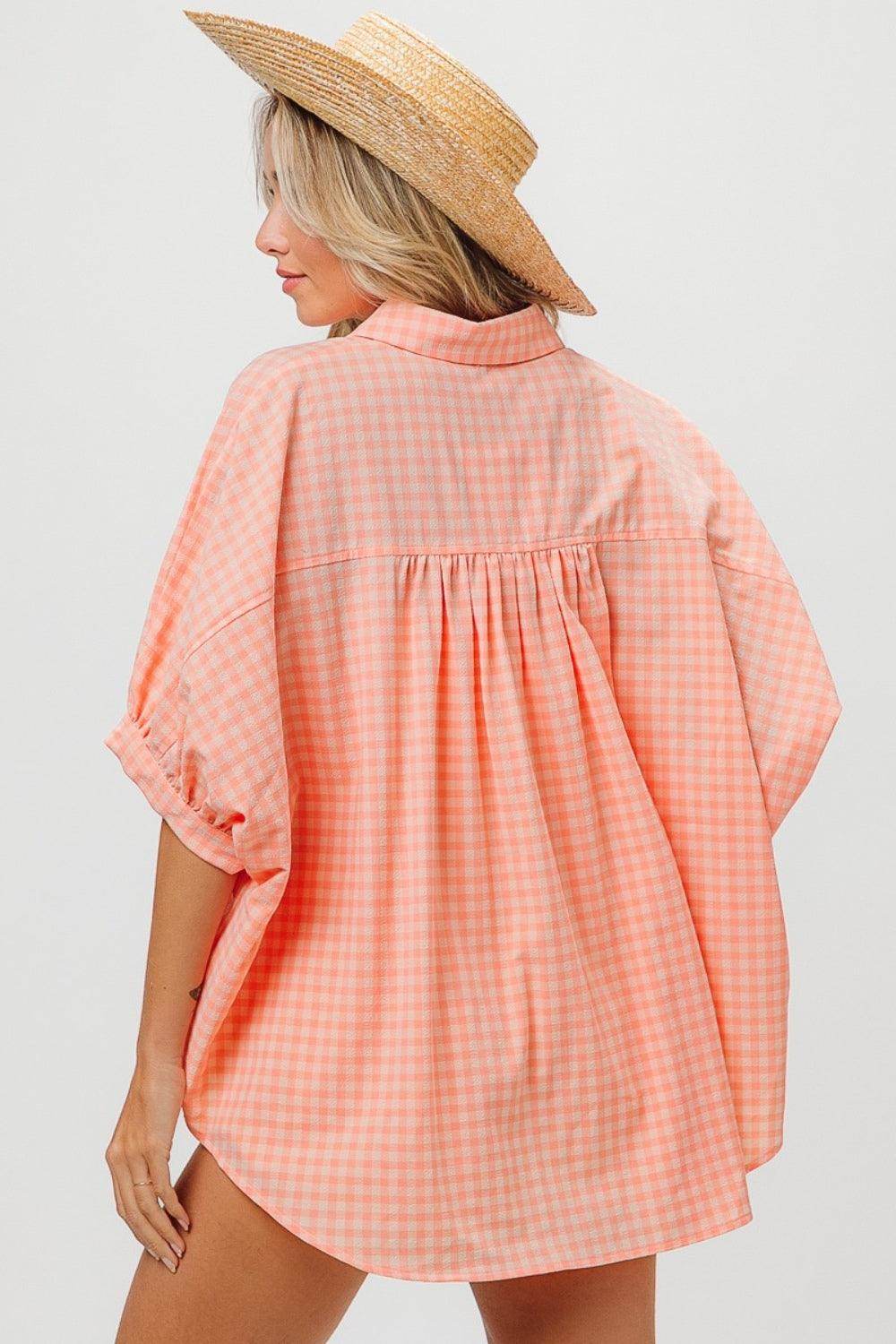 BiBi Plaid Button Up Dolman Sleeve Shirt for Women Fashion