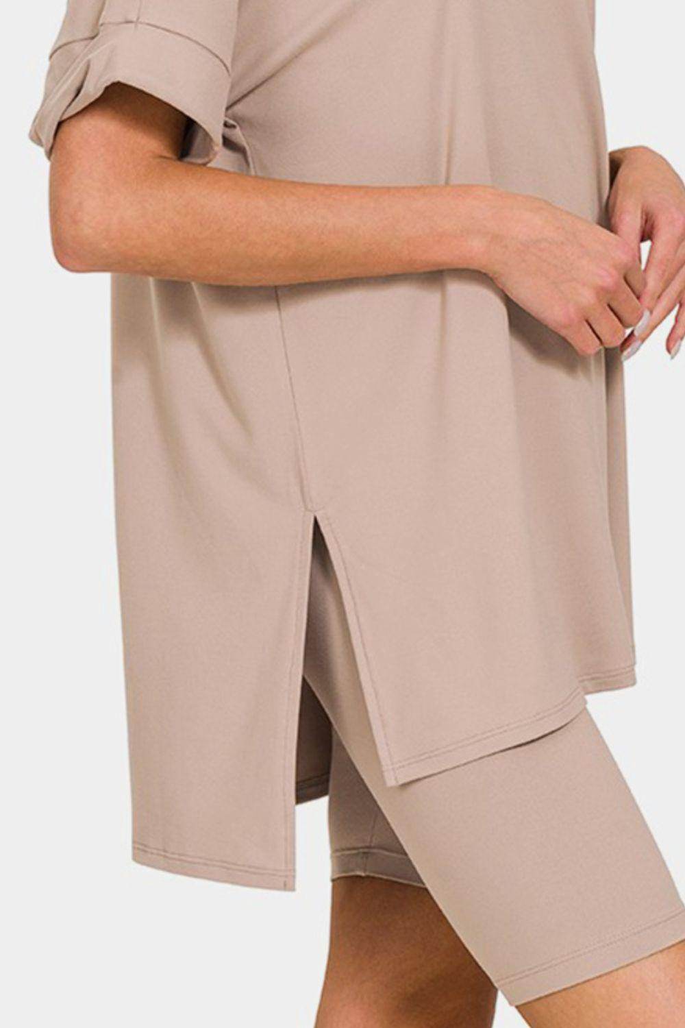 Zenana Full Size V-Neck Short Sleeve Slit T-Shirt Set