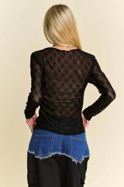 Davi & Dani Bow Mesh Round Neck Long Sleeve Top for Women